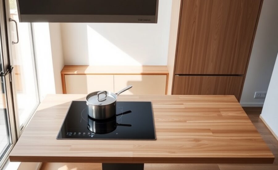 Kochen am Tisch: Induktions-Esstisch mit Downdraft – platzsparend kochen im Mikroapartment